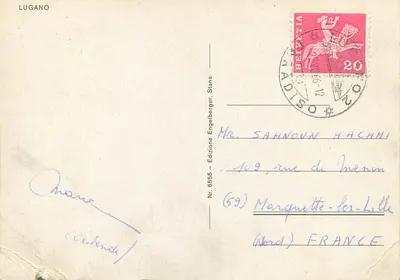 Lugano — vista del lago con palmeras y barco — Edición Engelberger, n° 6555 — Reverso