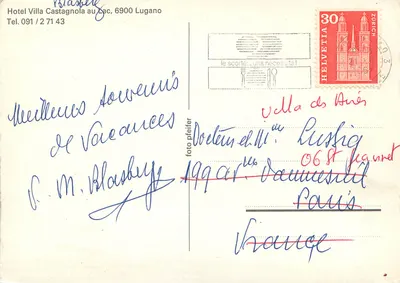 Hotel Villa Castagnola — Lugano — editor desconocido, número de serie no visible — Reverso