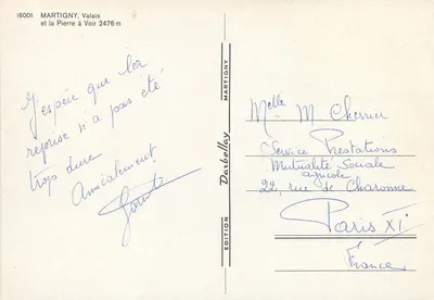 Martigny, Valais — widok z lotu ptaka z górami i miastem — Wydawnictwo Darbellay nr 16001 — Rewers
