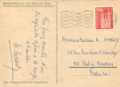 Montana-Crans (alt. 1500–2600 m) VS, Szwajcaria — Na pierwszym planie Restauracja Pavillon des Sports — Photoglob-Wehrli S.A., Zurych/Vevey, n° 9044 — Rewers