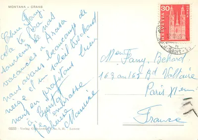 Montana-Crans — widok zimowy z zasnieżonymi górami — Verlag Globetrotter G.m.b.H. - Luzern, nr 02253 — Rewers