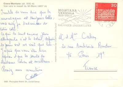 Crans-Montana (alt. 1500 m) — Widok w kierunku maswu Mont-Blanc (4807 m) — Wydane przez Orell Füssli SA, Zurych — Rewers