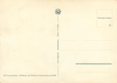 Zamek Chillon — Jezioro Leman i Zęby Południowe — Wydawnictwo Jaeger Genève nr 215 — Rewers