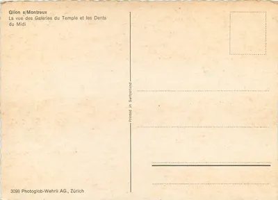 Widok Galerii Świątyni i Szczęk Południa — Glion s/Montreux — Photoglob-Wehrli AG, Zürich, nr 3098 — Rewers
