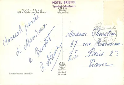 Montreux — Wieczór na nabrzeżu — Hôtel Bristol, Territet-Montreux, wydanie Iris Mexichrome — Rewers