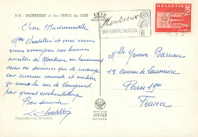 Montreux i Dziewice Południowe — widok z Pałacu Montreux — Wydawnictwo Jaeger Genève, nr 810 — Rewers