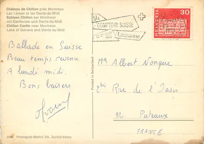 Zamek Chillon obok Montreux — Jezioro Leman i Góry Środkowe — Photoglob-Wehrli SA, Zurych/Vevey — Rewers