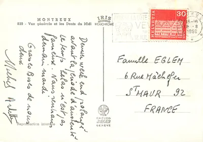 Montreux — Vista general y los Dientes del Mediodía — Ediciones Jaeger, n° 839 — Reverso
