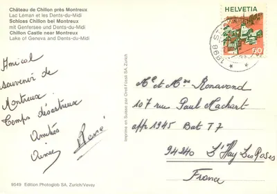Zamek Chillon obok Montreux — Jezioro Leman i Denty-du-Midi — Wydawnictwo Photoglob SA, Zurich/Vevey, nr 9549 — Rewers