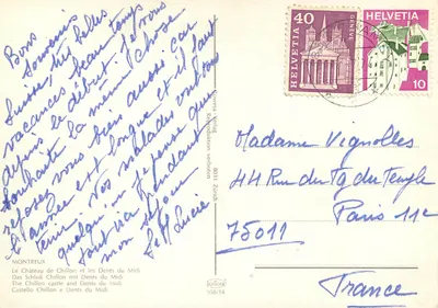 Zamek Chillon — jezioro Leman, góry Dents du Midi — MONTREUX, wydawca KREUZER, n° 958/14 — Rewers