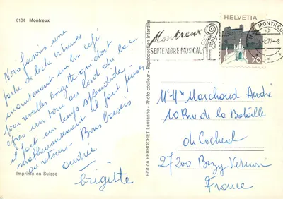 Montreux — widok panoramiczny z zamekiem, kościołem i jeziorem — Wydawnictwo Perrochet, nr 6104 — Rewers