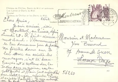Montreux — panoramische weergave met kasteel, meer en hotel — uitgever Unida — Achterkant