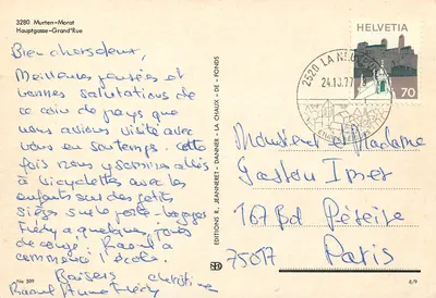 Murten — Rue principale avec pharmacie et horloge — Éditions R. Jeanneret, n° 509 — Verso