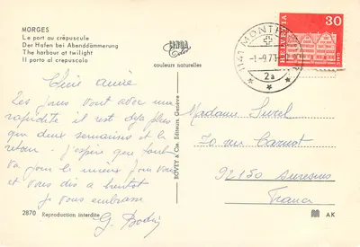 Morges — port w zachodzie słońca — BOVEY & Cie, Genewa, nr 2870 — Rewers