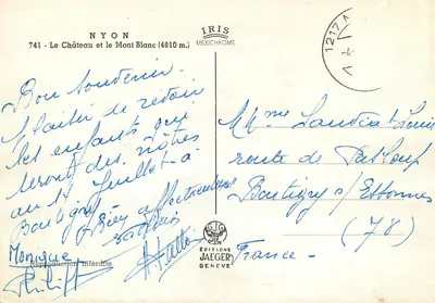 Zamek Chillon — widok na jezioro Leman i Mont Blanc — Wydawnictwo Jaeger, nr 741 — Rewers