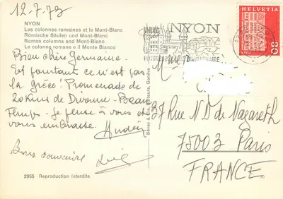 Kolumny rzymskie i Mont-Blanc — NYON — Bevey & Cie, Wydawcy, Genewa — Rewers