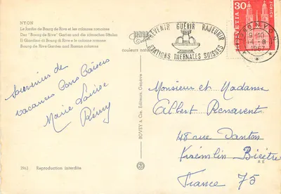 Nyon — Ogród Bourg de Rive i kolumny rzymskie — BOVEY & Cie, Genewa, n° 2963 — Rewers