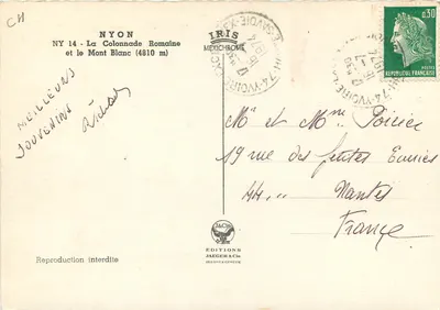 Nyon — Kolonada Rzymska i Mont Blanc (4810 m) — Éditions Jaeger & Cie, Genève — Rewers