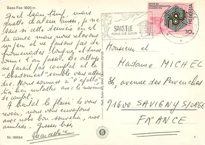 Saas-Fee — widok panoramiczny, kaplica i chalety — wydawca Rud. Suter AG, nr 18664 — Rewers