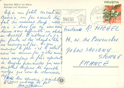 Saas-Fee — widok panoramiczny i kwiaty — wydawca Rud. Suter AG, n° 19413 — Rewers