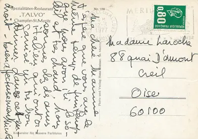 Restaurante "TALVO" — Champfer-St. Moritz — Photo und Verlag Hans Bleiner, Nr. 138 — Verso