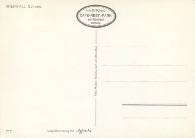 Rheinfall Suíça — vista panorâmica — Inh. E. Schaad, n°717 — Verso