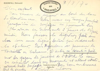 Rheinfall (Szwajcaria) — widok z lotu ptaka zamku i rzeki — Schloss Laufen am Rheinfall, nr 708 — Rewers