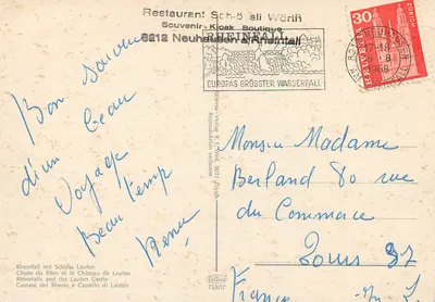 Chute du Rhin et le Château de Laufen — Restaurant Schößli Wörth, Neuhaubach à Rheintal — Reproduction R. E. Weil — Verso