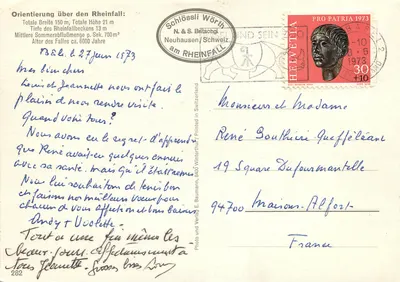 Spadzista Renu — widok z zamku Wörth — wydawca N. & S. Britschgi, Neuhausen/Szwajcaria — Rewers