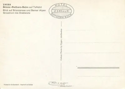 Brienz-Rothorn-Bahn — widok jeziora Brienz i Alp bernijskich — wydawca Gyger, Adelboden — Rewers
