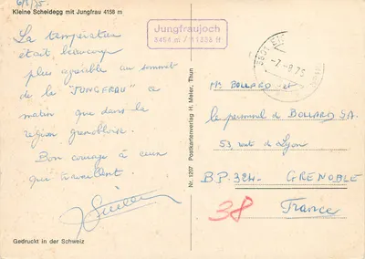 Kleine Scheidegg com Jungfrau 4158 m — Jungfraujoch 3454 m / 11333 ft — Postkartenverlag H. Meier, Thun, Nr. 1207 — Verso
