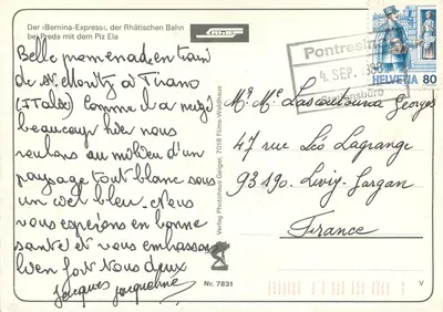 Expresso Bernina — Trem atravessando os Alpes — Verlag Photohaus Geiger, n° 7831 — Verso