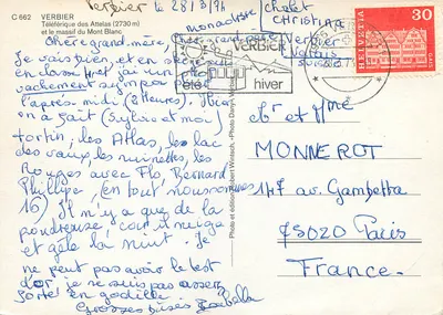 Nowoczesna pocztówka Teleferyk Attelas i maszt Mont-Blanc w Verbier zimą — Rewers
