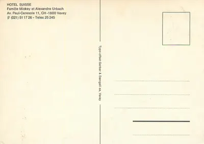 Hotel Szwajcarski w Vevey — widok z hotelu, jeziora i kuchni — wydawca Typo-offset Gerber & Dangell sa, Vevey — Rewers