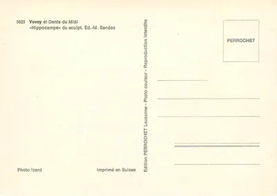 Vevey i Dents du Midi — « Hippocampe » rzeźbiarza Ed.-M. Sandoz — nr 5623 — Rewers