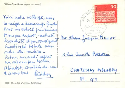 Villars-Chesières (Alpy walenskie) — zimowy widok z śniegiem — Photoglob-Wehrli SA, Zurich/Vevey — Rewers