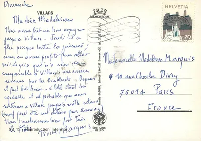 Villars — widok panoramiczny z drewnianym domem i zimnymi górami — Wydawca: Francis JAEGER, nr VR 15 — Rewers