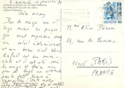 Villars-sur-Ollon — Kościół protestancki — Wydawnictwo Deriaz Baulmes — Rewers