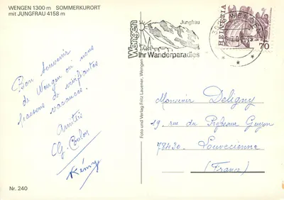 Wengen — stazione estiva con Jungfrau — editore Fritz Lauener, n° 240 — Verso