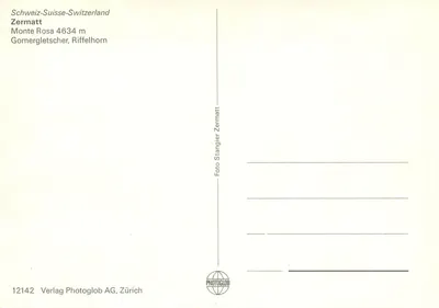 Monte Rosa — Gornergrätser, Riffelhorn — Verlag Photoglob AG, Zurych n°12142 — Rewers