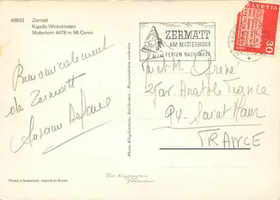 Zermatt — Kaplica Winkelmannen przed Matterhorn — Photo Klopfenstein, n°48823 — Rewers