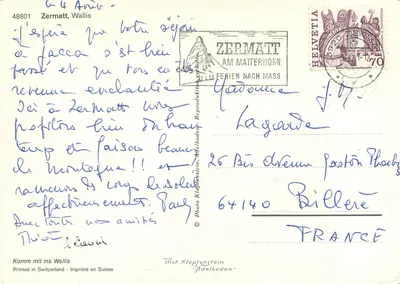 Zermatt — Mont-Blanc i Matterhorn — wydawca Throt. Klopfenstein, n° 48801 — Rewers