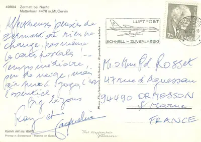 Zermatt — vue nocturne avec le Matterhorn — éditeur Klopfenstein-Adelboden, n° 49804 — Rewers