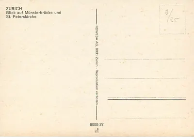 Zurich — View of the Münsterbrücke and the church St. Peterskirche — ROWWESA AG, 8000-37 — Back