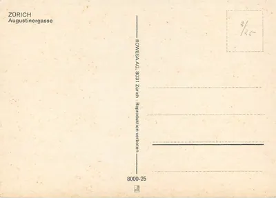 Zurique - Augustinergasse — vista de rua com bistrô Hürlimann — ROWESEA AG, 8000-25 — Verso