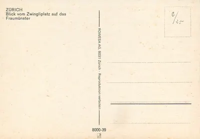Zurique — Vista do Zwingliplatz sobre o Fraumünster — ROWESA AG, 8000-39 — Verso
