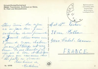 Zurych — widok z katedry Fraumünster i mostu Münsterbrücke — Rud. Suter AG, nr 19708 — Rewers