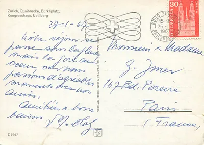 Widok Mostu Quaibrücke w Zurych — wydawca Verlag Beringer & Pampaluchi, n° Z 5767 — Rewers