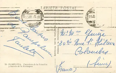 Uitzicht op Pamplona — uitgever Ediciones Garra Bérea, n°34 — Pamplona, Carretera de la Estación en wijk de la Rochapea — Achterkant