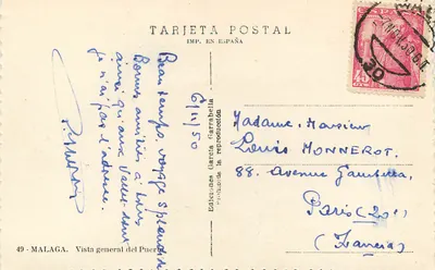 Malaga — Visão geral do porto — Tarjeta Postal Imp. em España n°49 — Verso